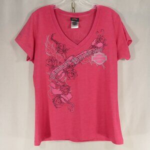 Harley Davidson Womens L Pink V-Neck Shirt Rose Silver Flames Bedford Hts OH USA
